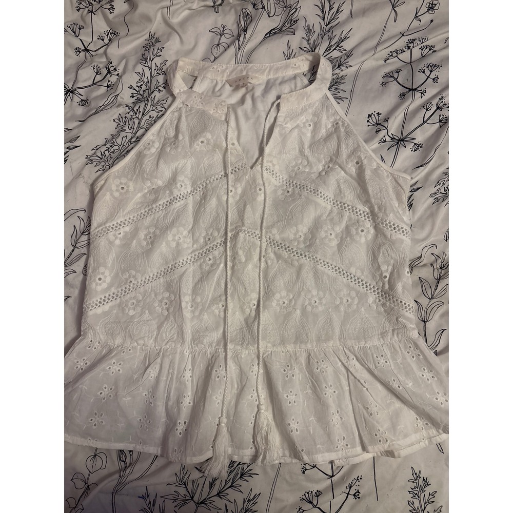 Adiva White Embriodered Eyelet Peplum Tank Top, Large